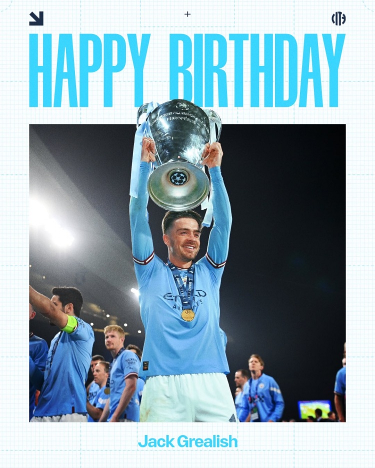 曼城祝格拉利什30岁生日快乐，球员为蓝月出战157场17球23助