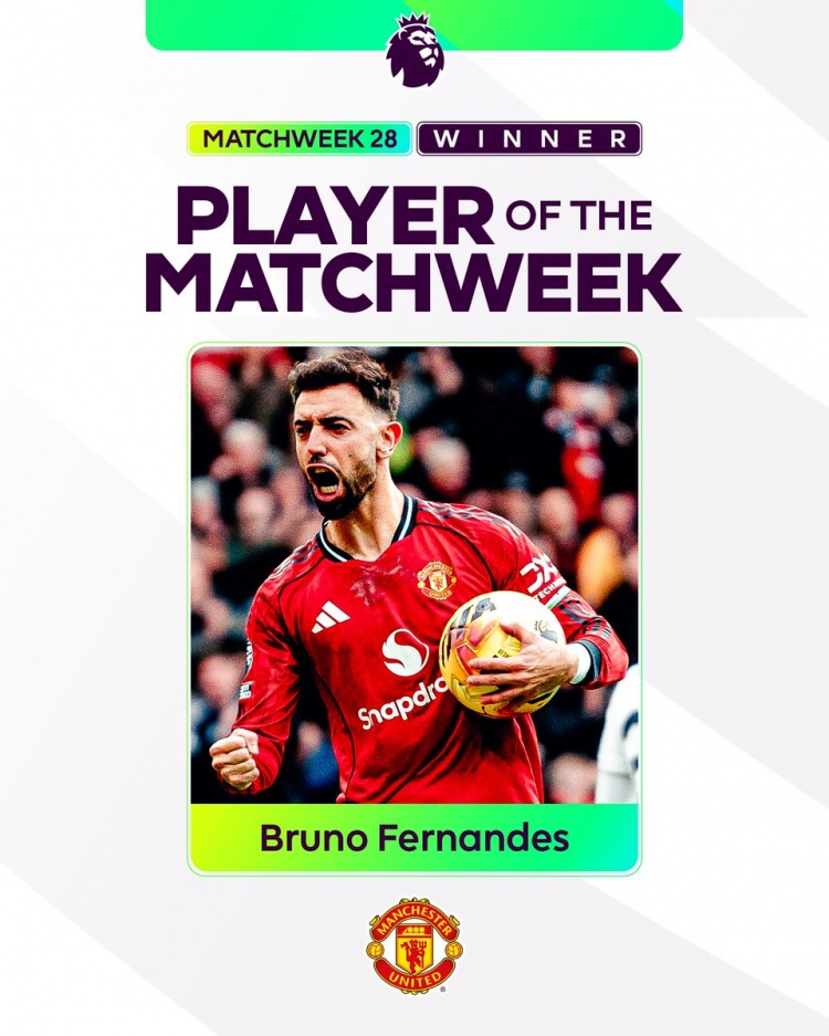 传射建功！B费当选英超第28轮最佳球员，本赛季第四次获奖